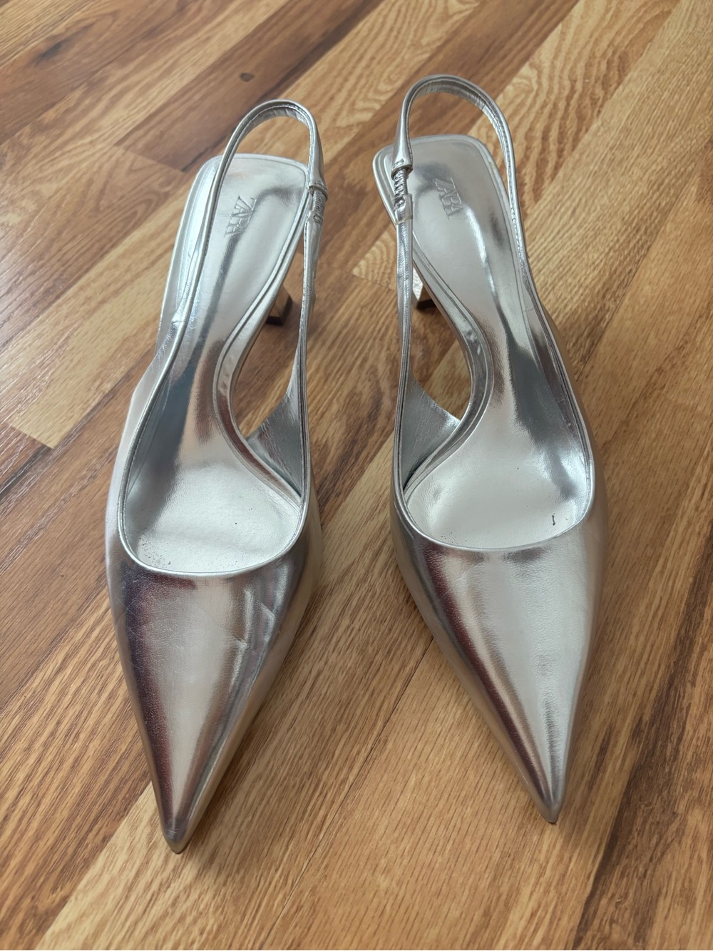 Silver Pointed-Toe Slingback Heels